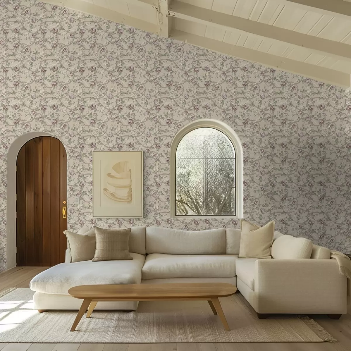 Тапети Рози със зелени листа на топла бежова основа a00729