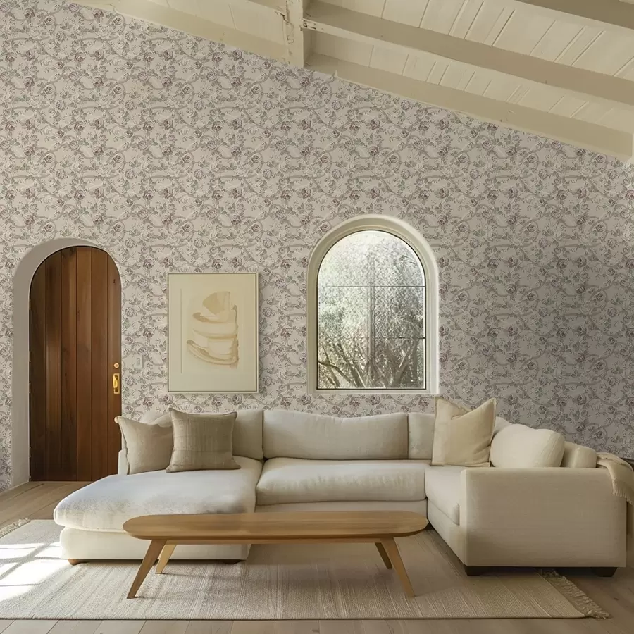 Фототапет Рози със зелени листа на топла бежова основа a00729