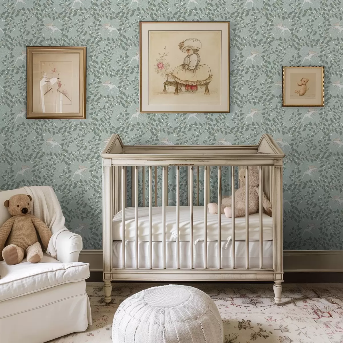 Тапети Клони с бели плодове и птици на зелен фон a00731