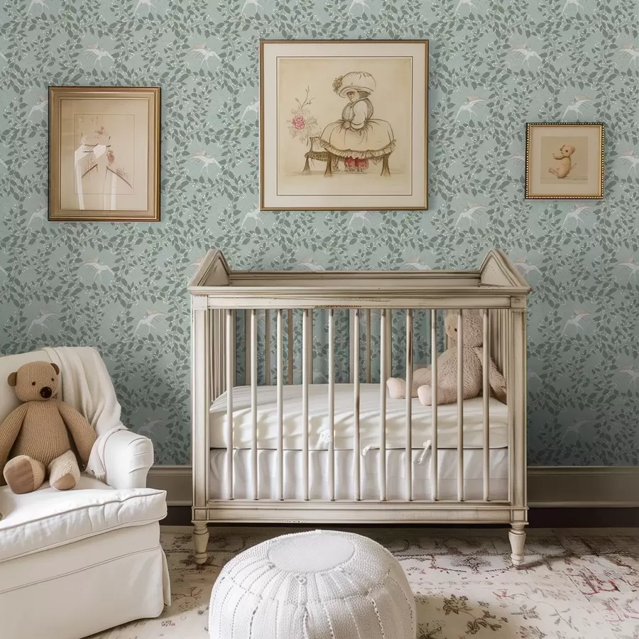 Фототапет Клони с бели плодове и птици на зелен фон a00731