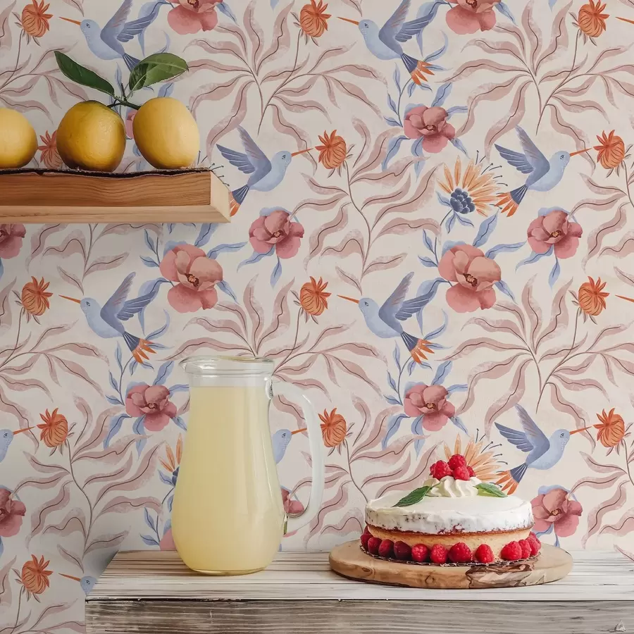 Фототапет Колибри сред големи цветя в розови и сини нюанси a00733