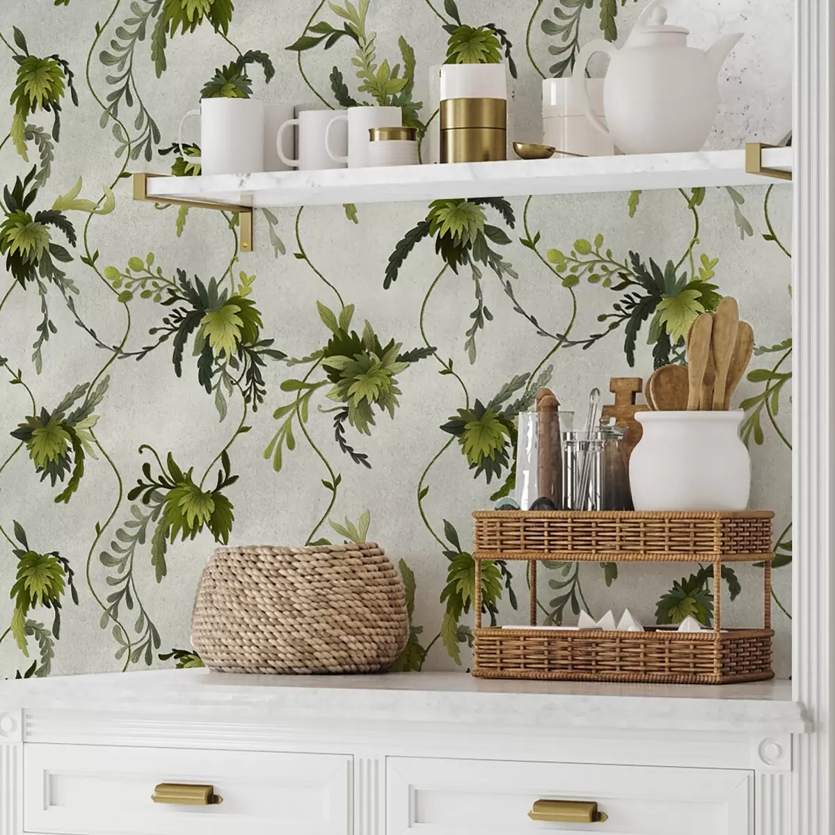 Тапети Катерене по клони с листа на светъл фон a00806