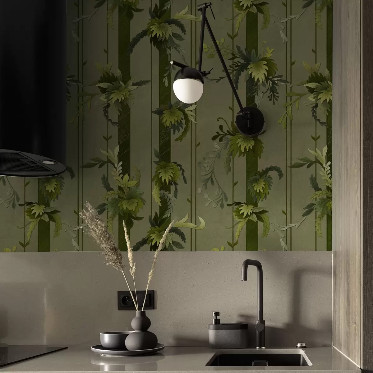 Тапети Лозови листа и гроздове в светлозелени акварелни тонове a00807