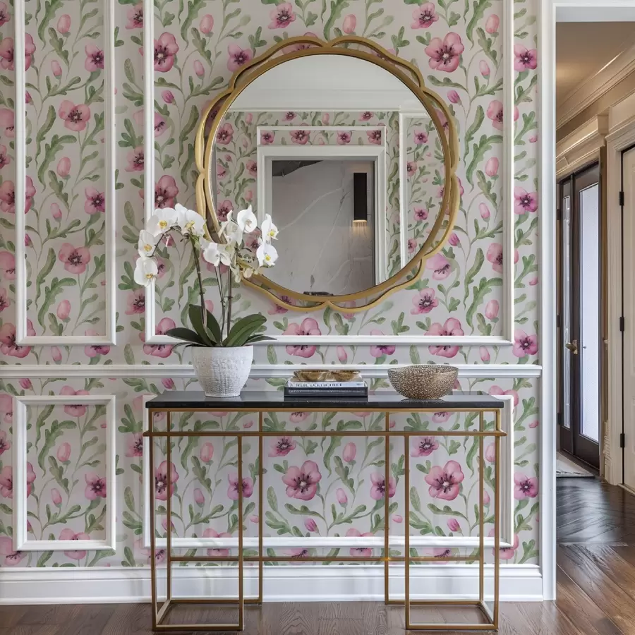 Фототапет Нежни розови макове с листа, изработени с акварелна техника a00830