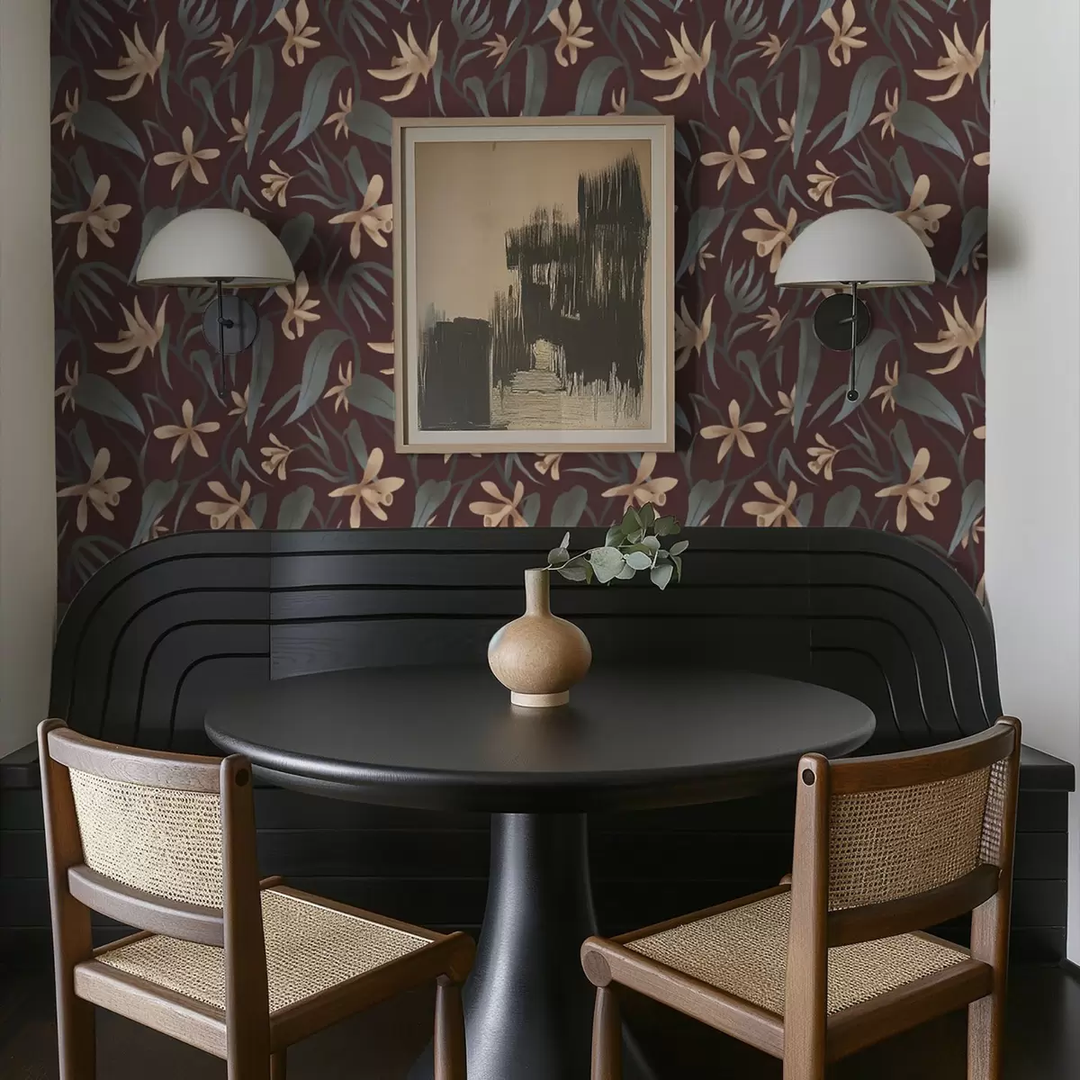 Тапети Кремави цветя със сиви листа на бордо фон a00833