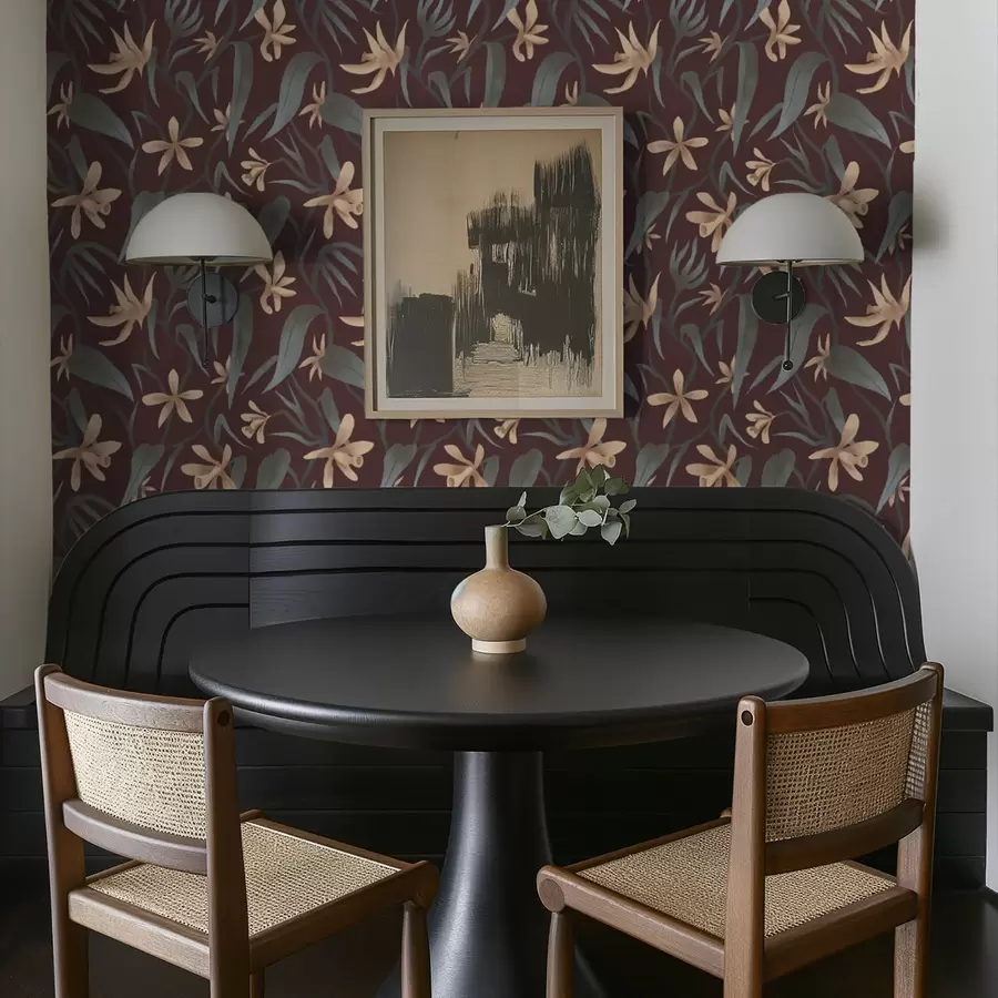 Фототапет Кремави цветя със сиви листа на бордо фон a00833