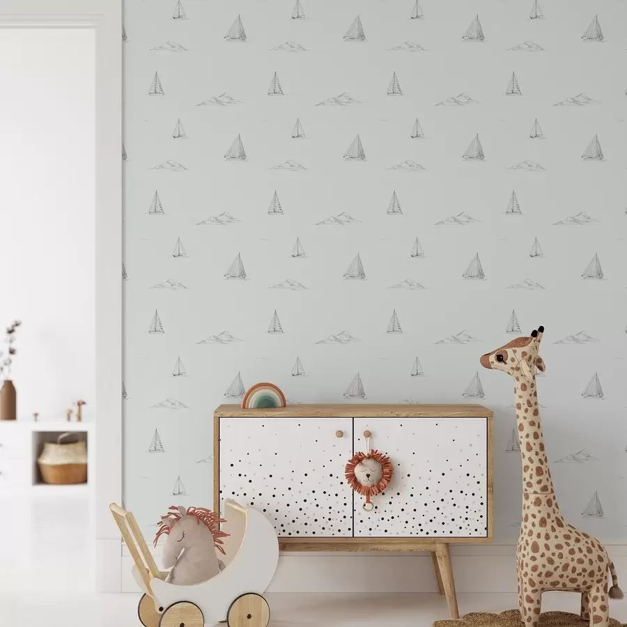 Фототапет Нарисувайте яхти и острови на хладен сиво-син фон a00654