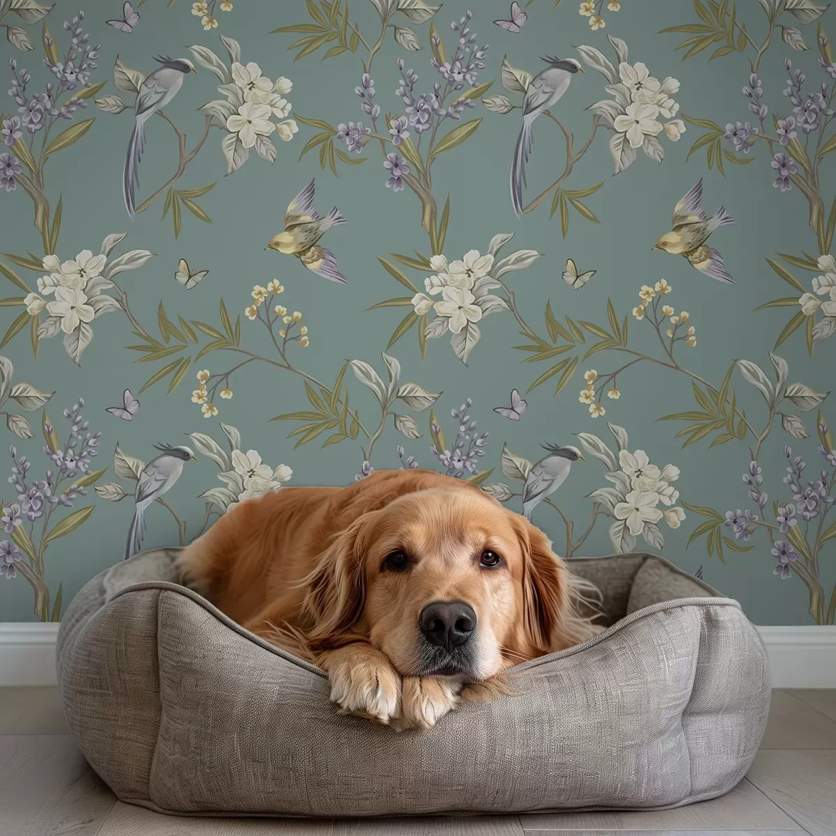 Тапети Птици, цветя и пеперуди на сиво-син фон a00735