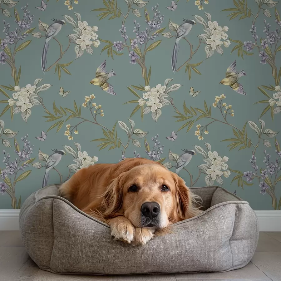 Фототапет Птици, цветя и пеперуди на сиво-син фон a00735