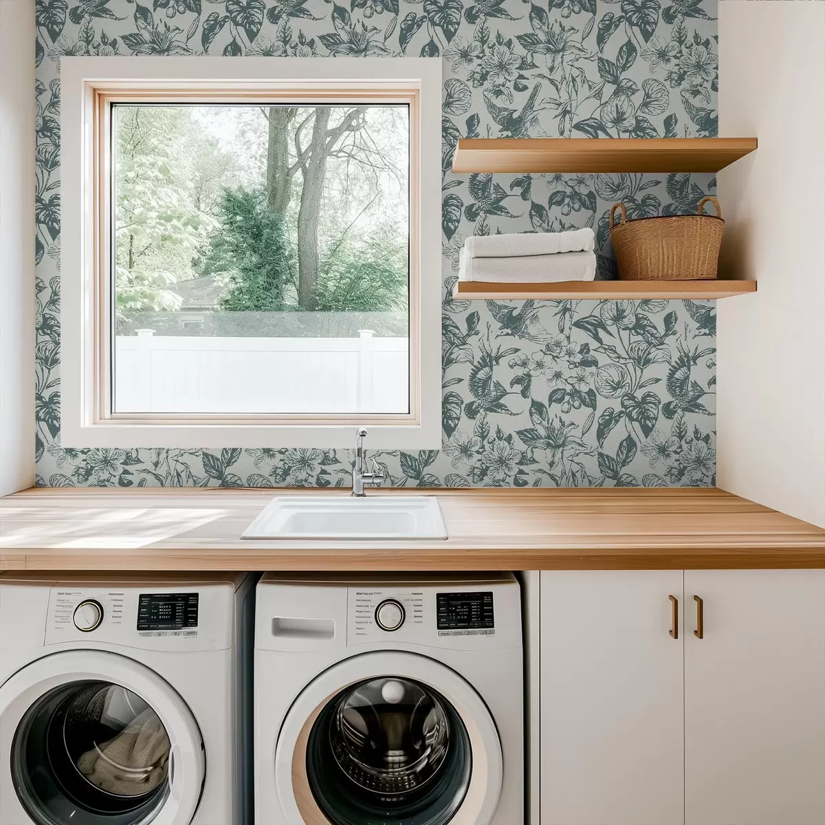 Тапети Монохромен флорален орнамент с птици a00737