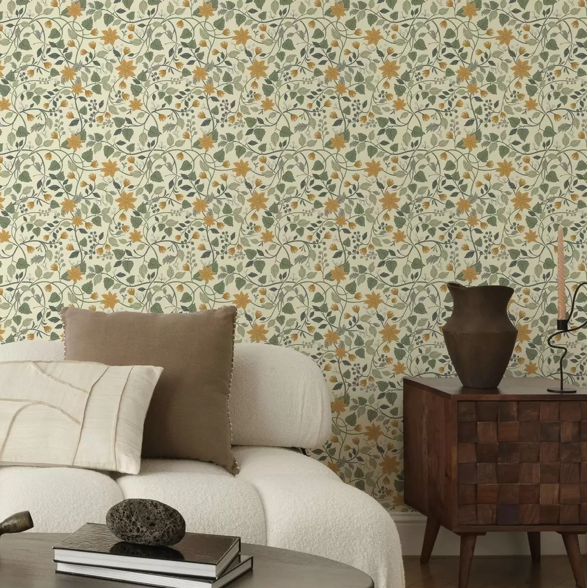 Тапети Катерене по цветни клони с жълти цветя и плодове a00750