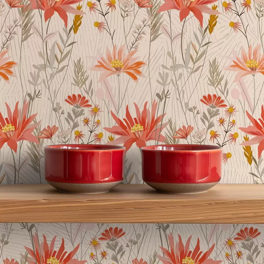 Фототапет Диви цветя в топли тонове на бежов фон a00751