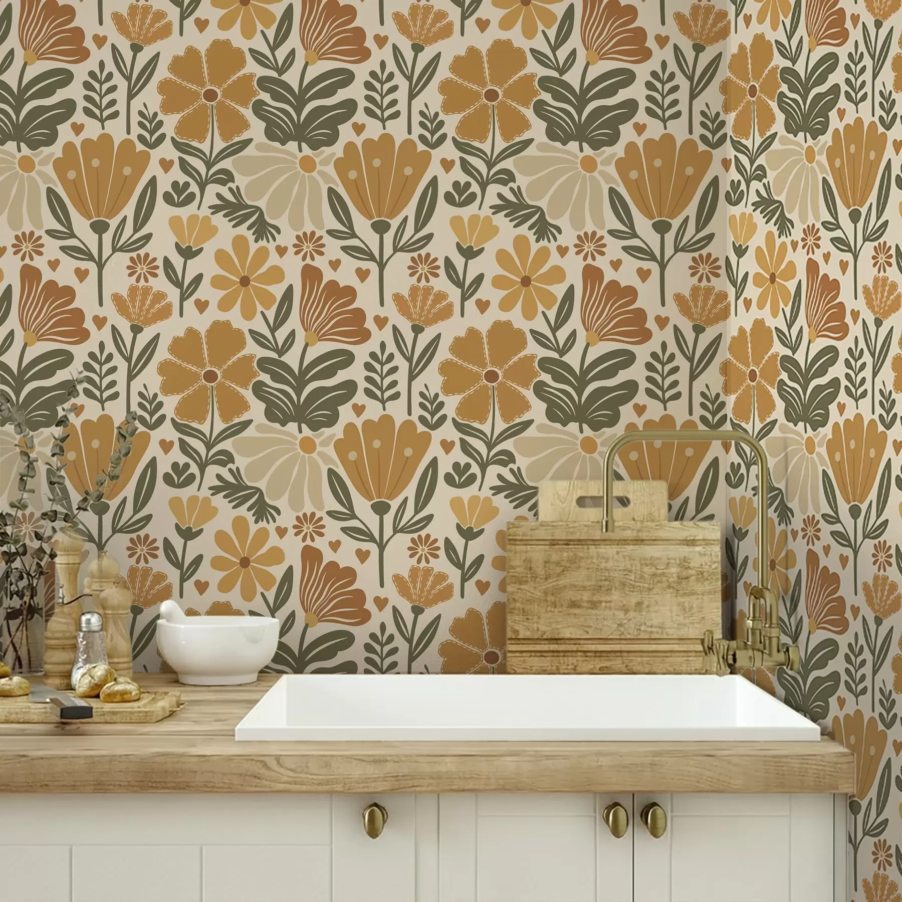 Фототапет Стилизирани цветя в топли тонове със сърца a00752