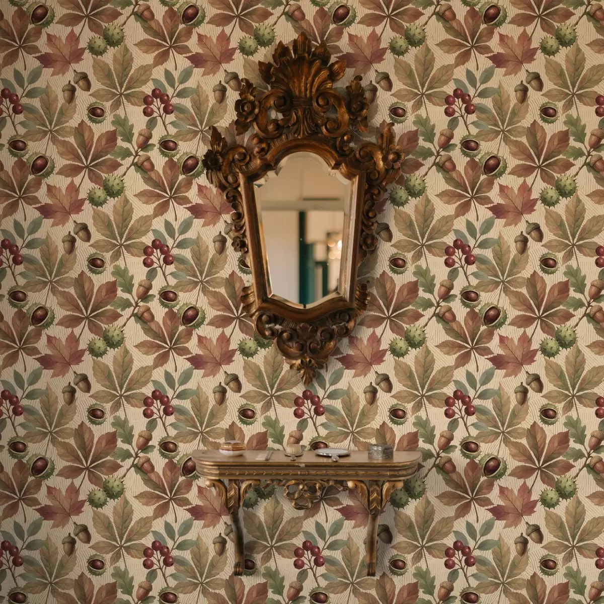 Тапети Есенни листа, жълъди и плодове на бежов фон a00754