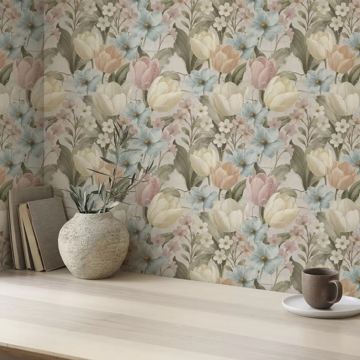 Тапети Пастелни лалета и цветя на светъл напукан фон a00756