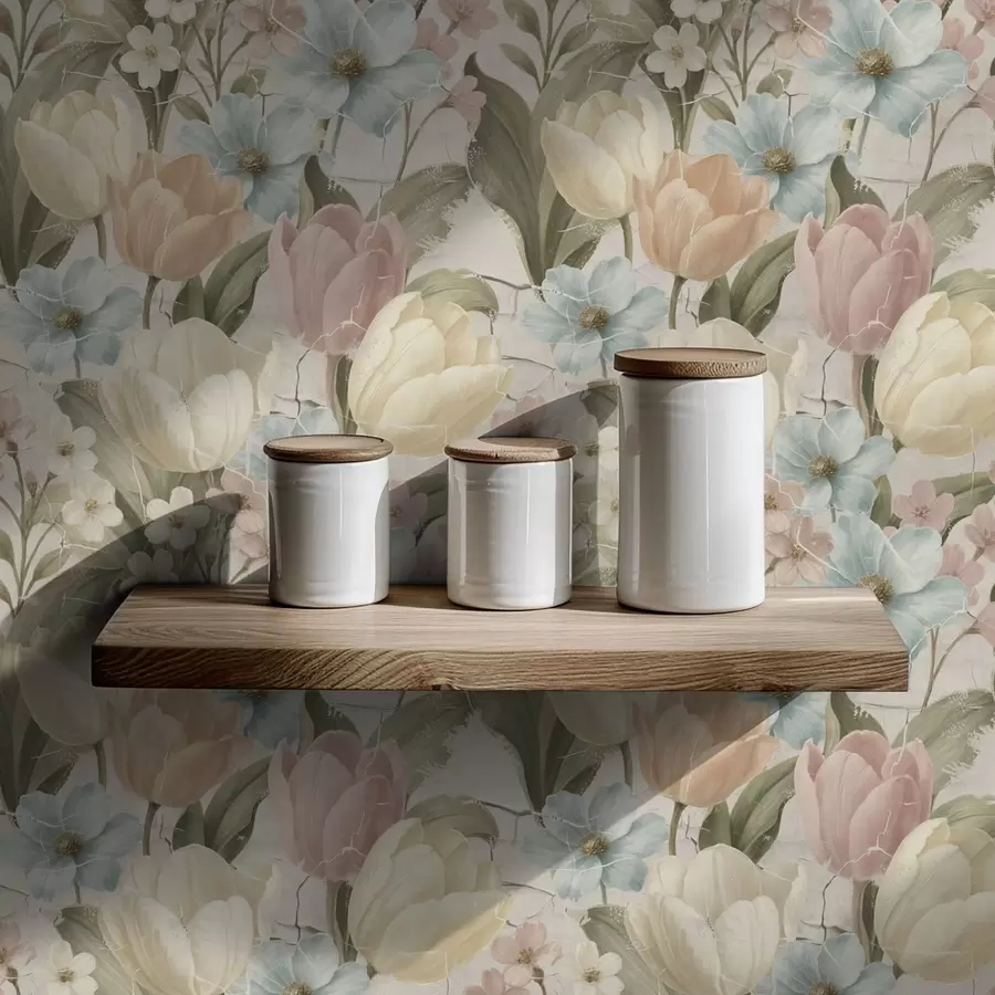 Фототапет Пастелни лалета и цветя на светъл напукан фон a00756