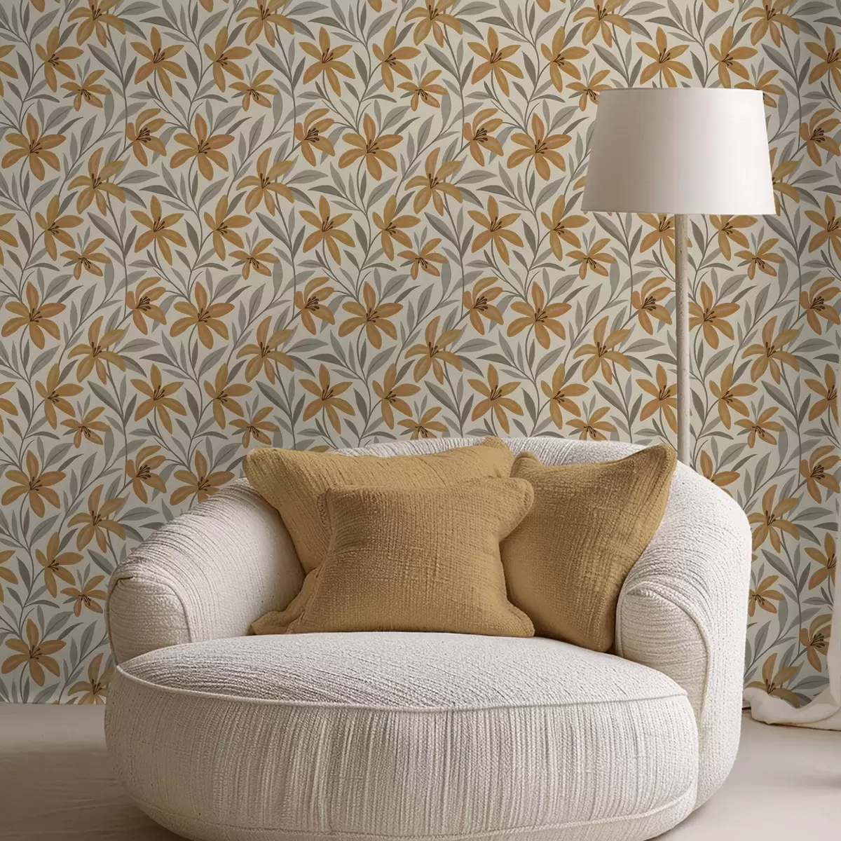 Тапети Жълти лилии и сиво-зелени листа на светъл фон a00757