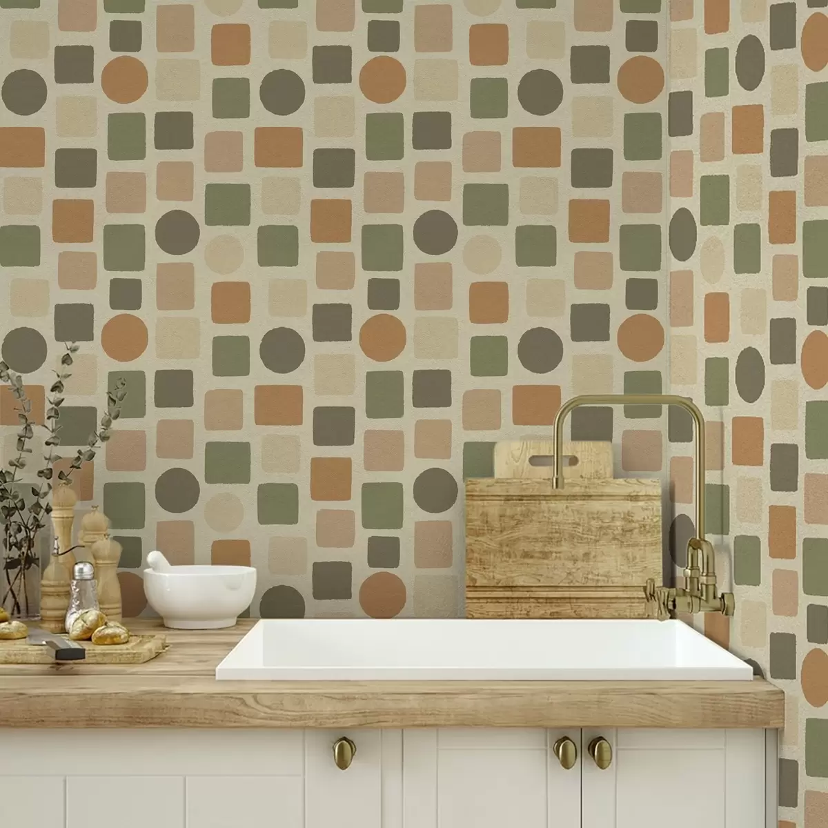 Тапети Геометричен мотив от квадрати и кръгове в топли тонове a00759