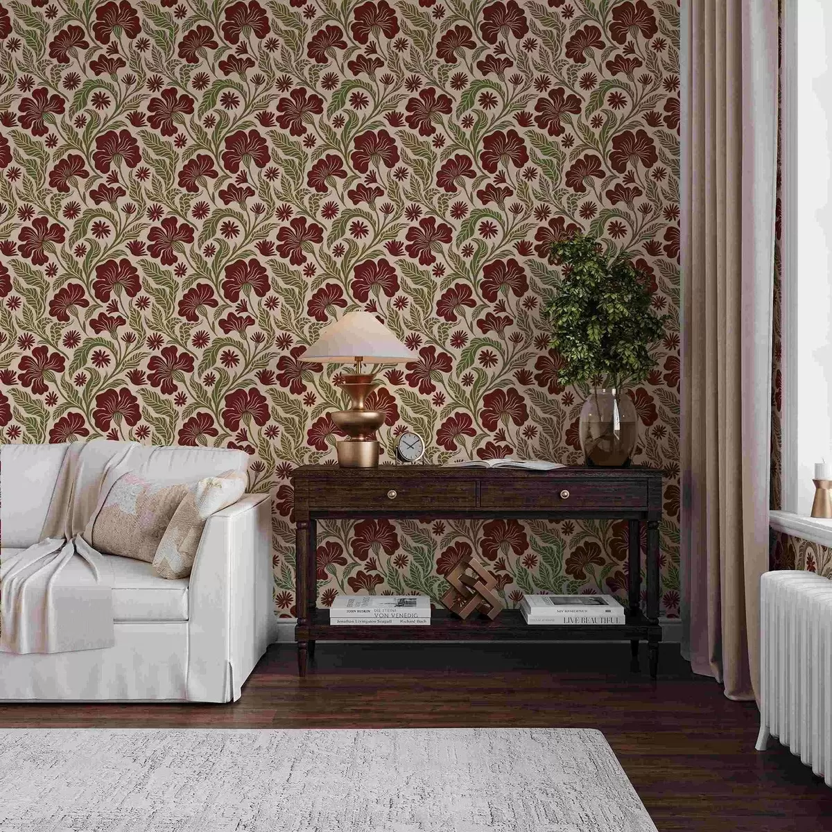 Тапети Бургундски цветя със зелени листа на светъл фон a00761