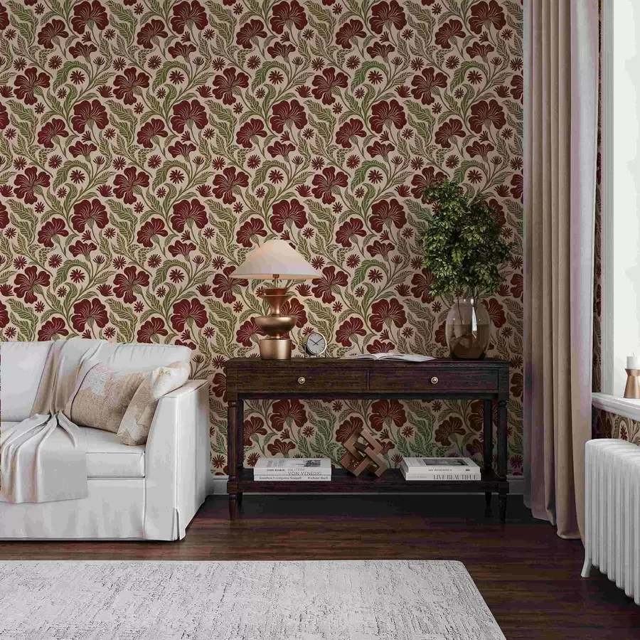 Фототапет Бургундски цветя със зелени листа на светъл фон a00761