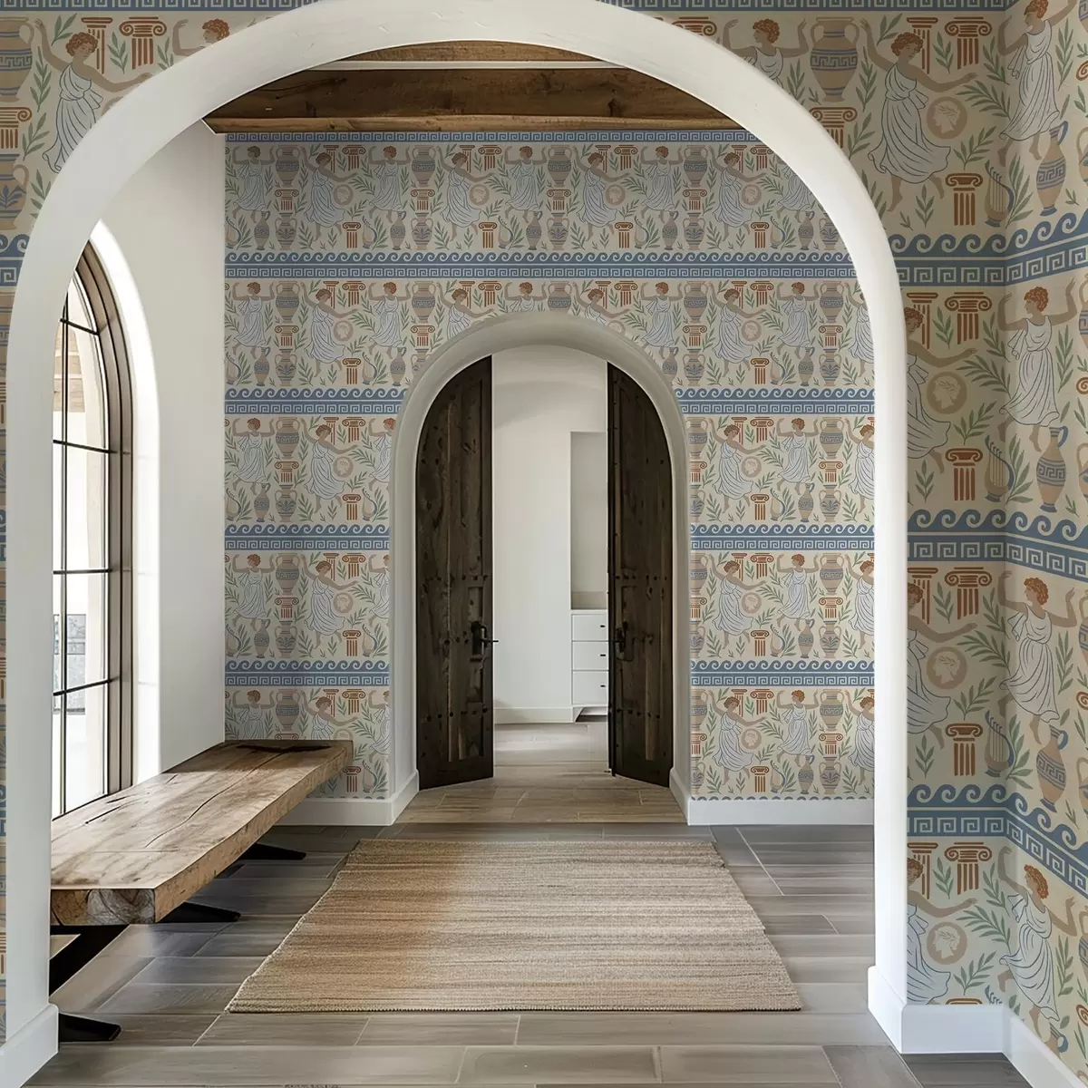 Тапети Древен гръцки орнамент с фигури, вази и колони a00768