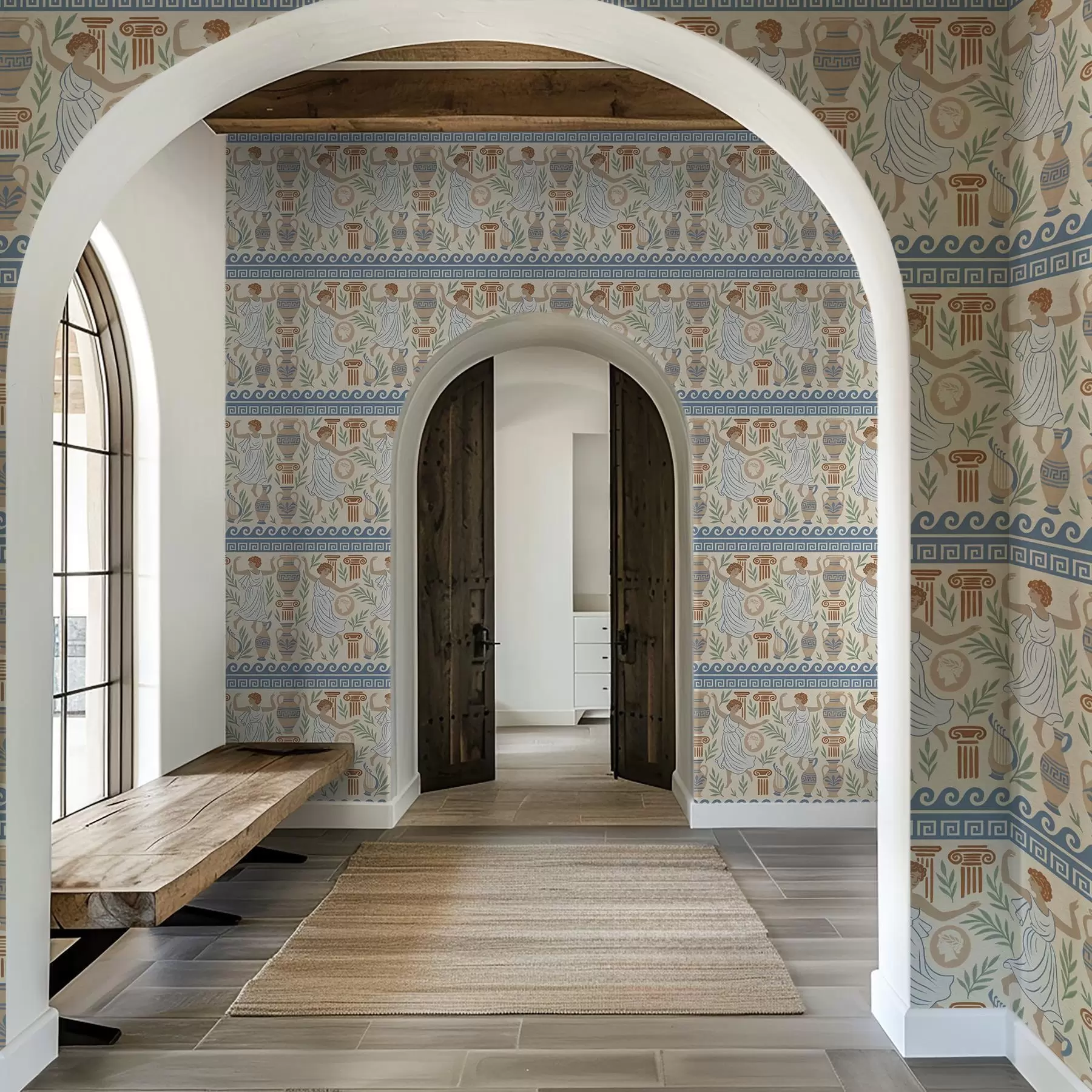 Фототапет Древен гръцки орнамент с фигури, вази и колони a00768