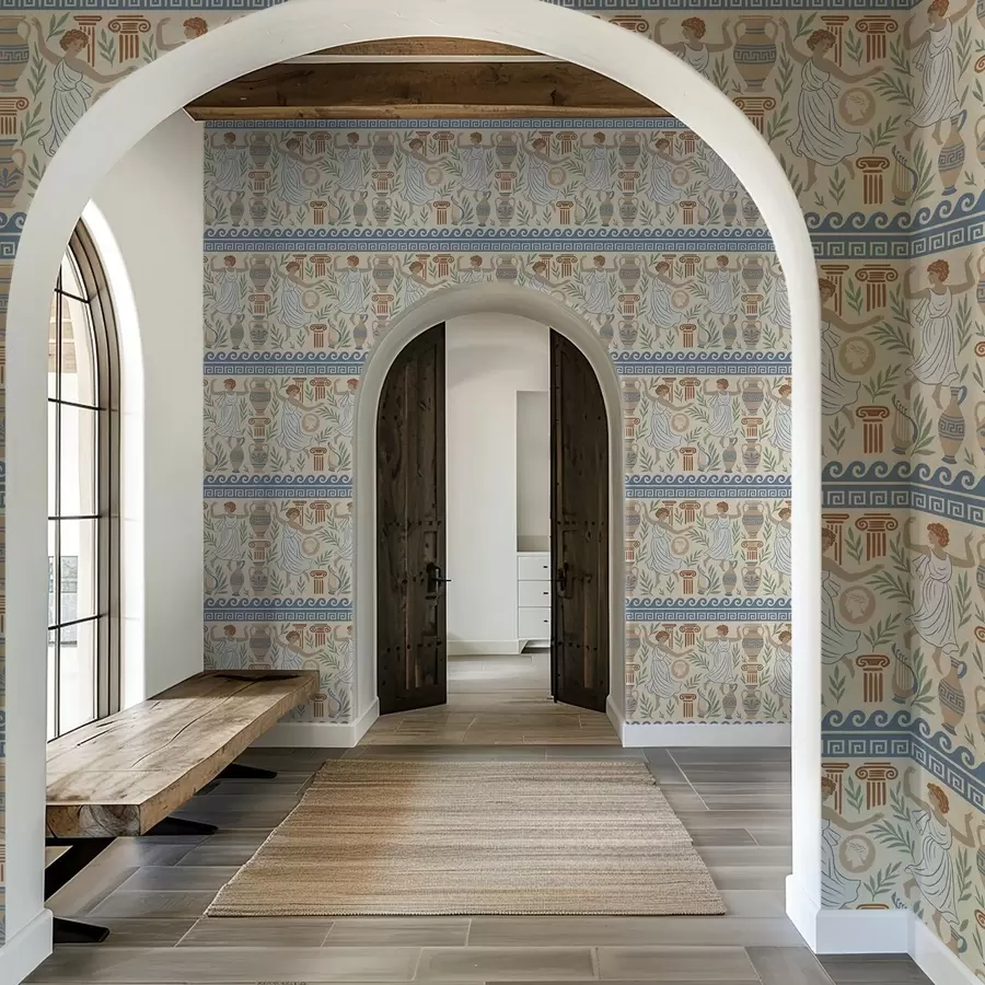 Фототапет Древен гръцки орнамент с фигури, вази и колони a00768