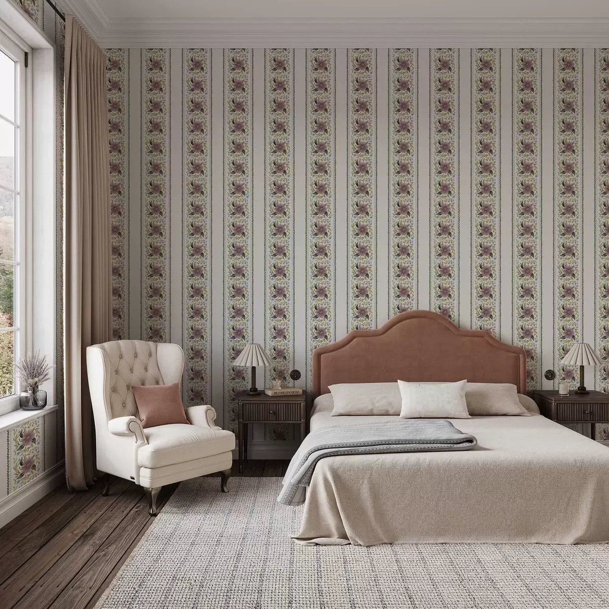 Тапети Вертикални флорални ивици в лилаво-сини тонове a00809