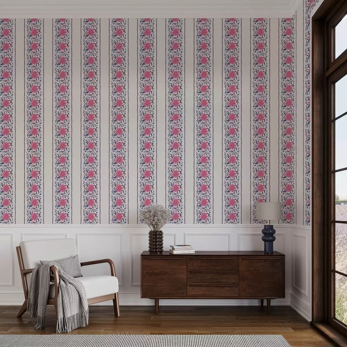 Тапети Вертикални флорални ивици в розово-лилави тонове a00810