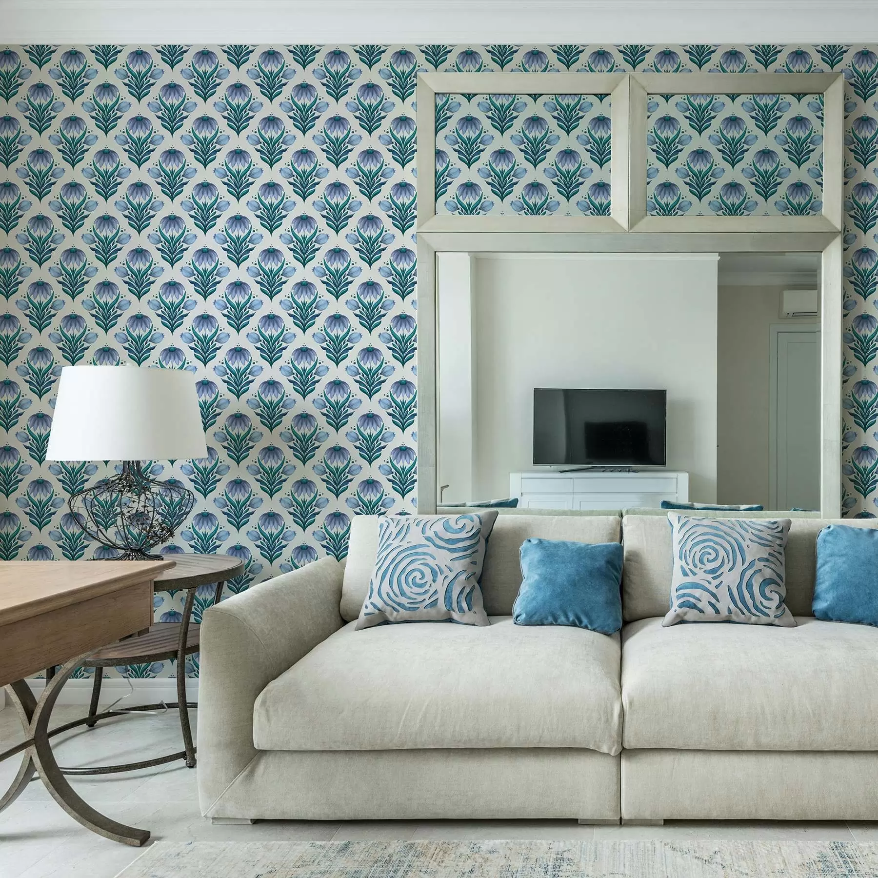 Фототапет Симетричен флорален орнамент в синьо-бели нюанси a00812v2