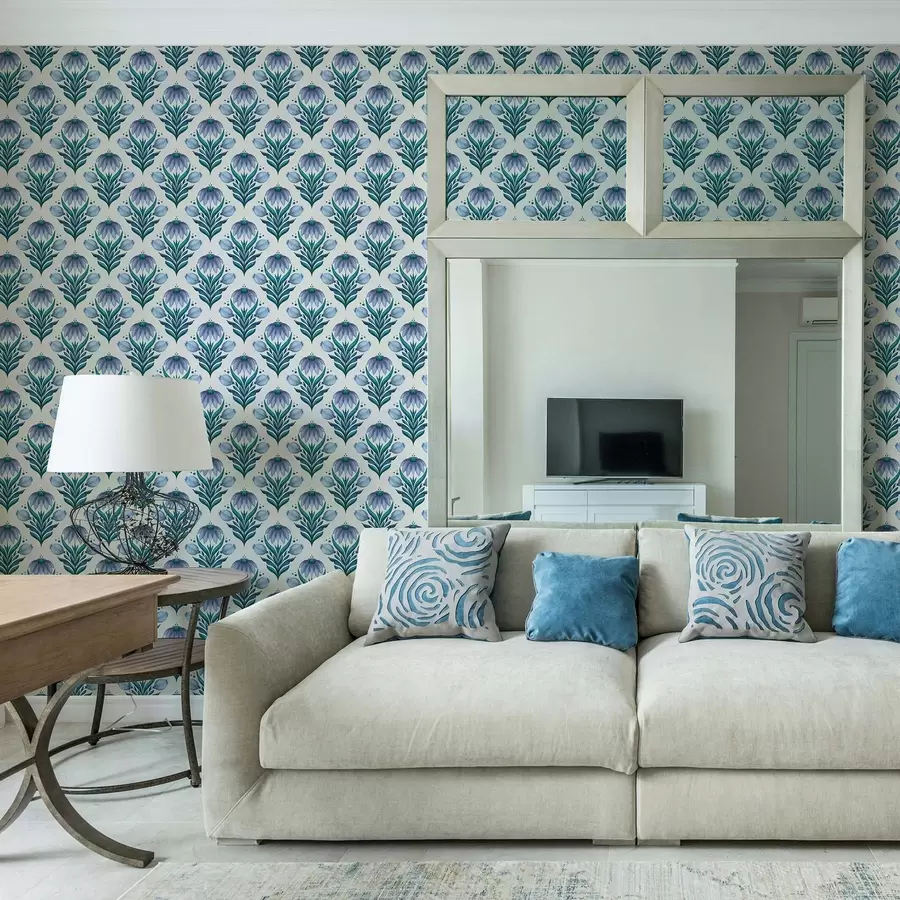 Фототапет Симетричен флорален орнамент в синьо-бели нюанси a00812v2