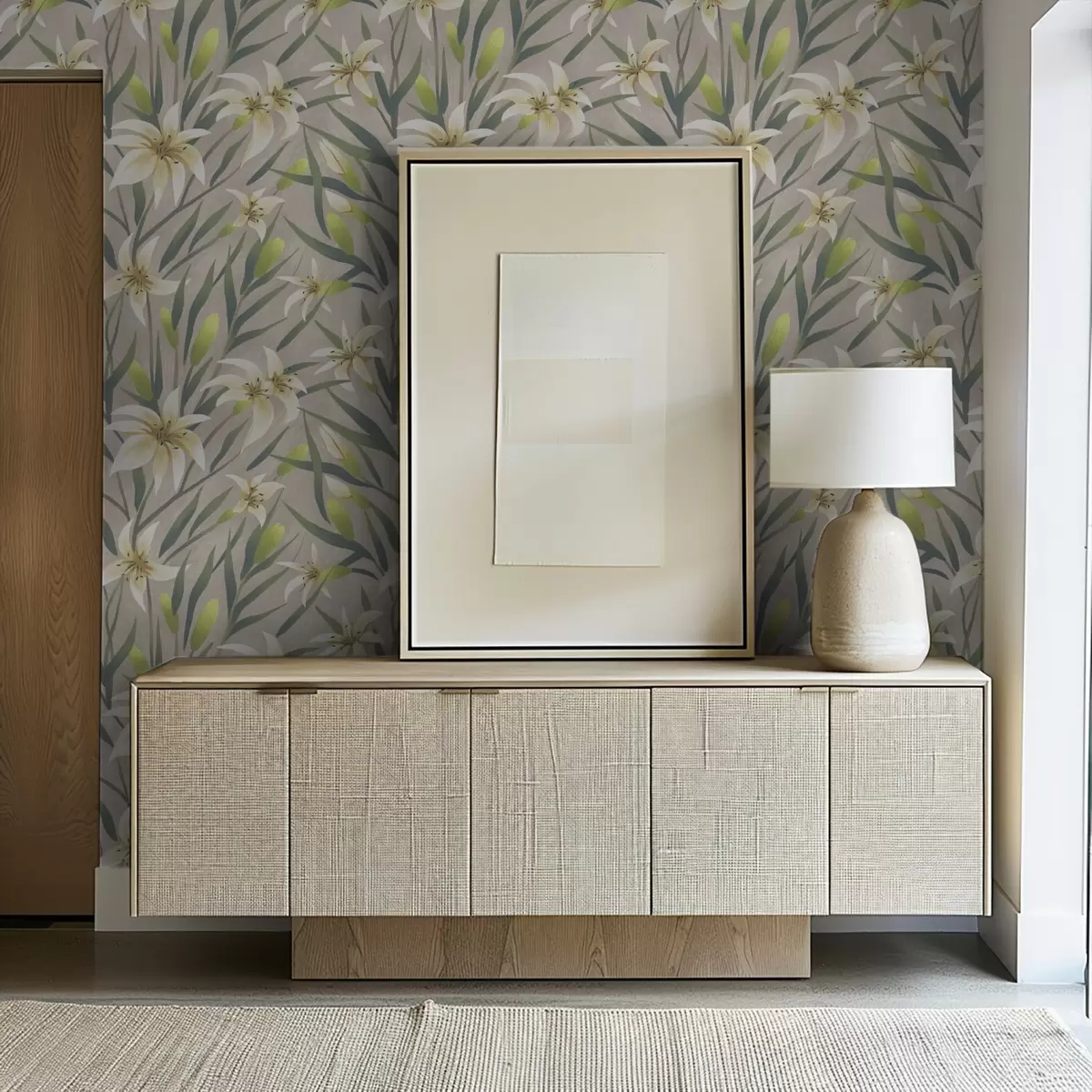 Тапети Кремави лилии с листа на сиво-бежов фон a00837