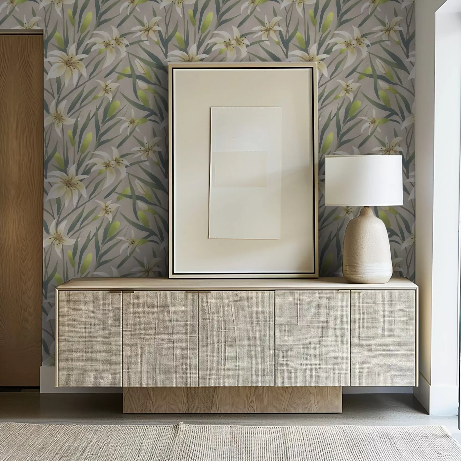 Фототапет Кремави лилии с листа на сиво-бежов фон a00837