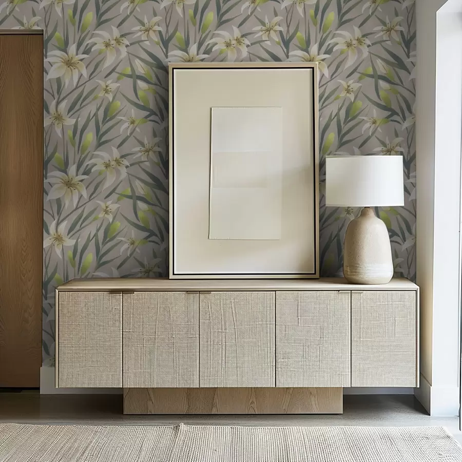 Фототапет Кремави лилии с листа на сиво-бежов фон a00837