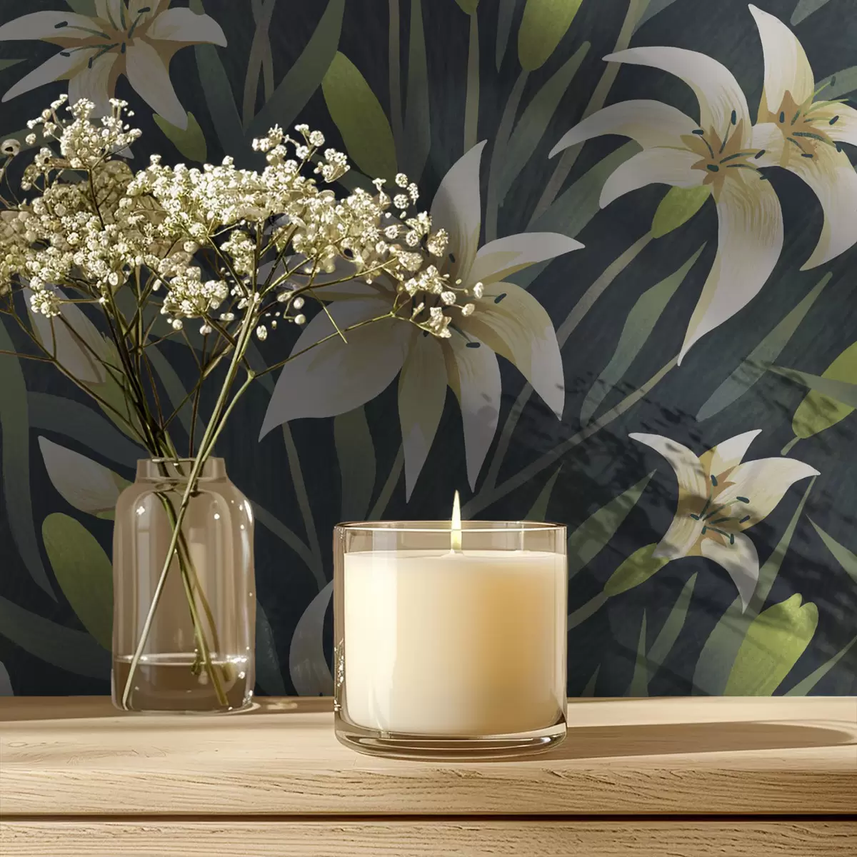 Тапети Кремави лилии с листа на тъмен фон a00837v1