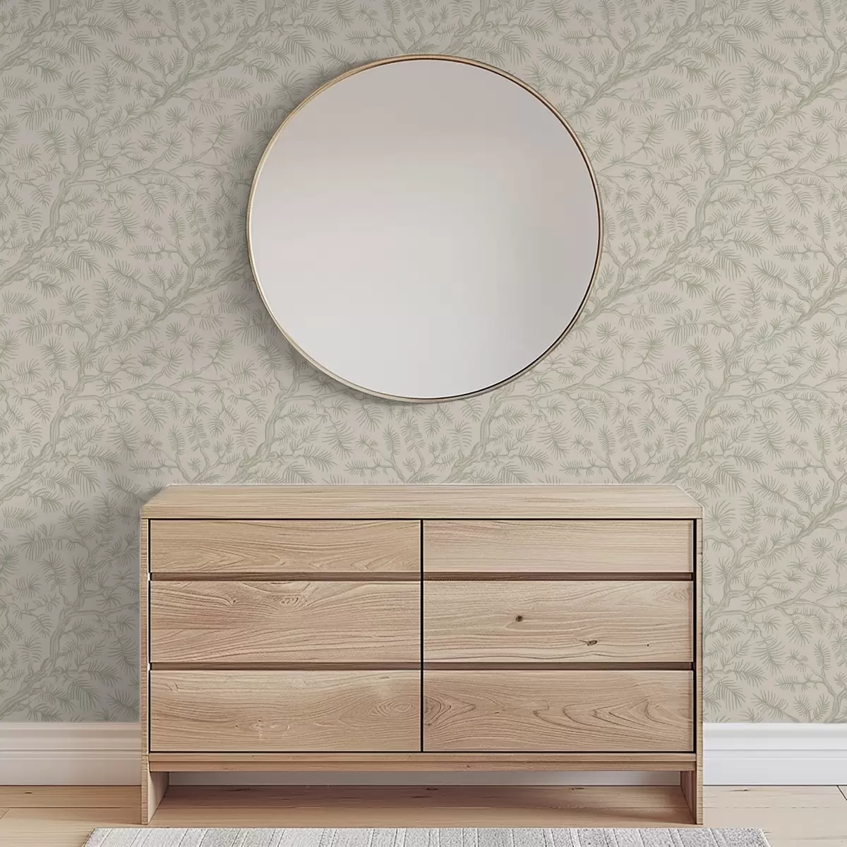 Тапети Борови клони в светлозелени тонове върху бежов фон a00838v1