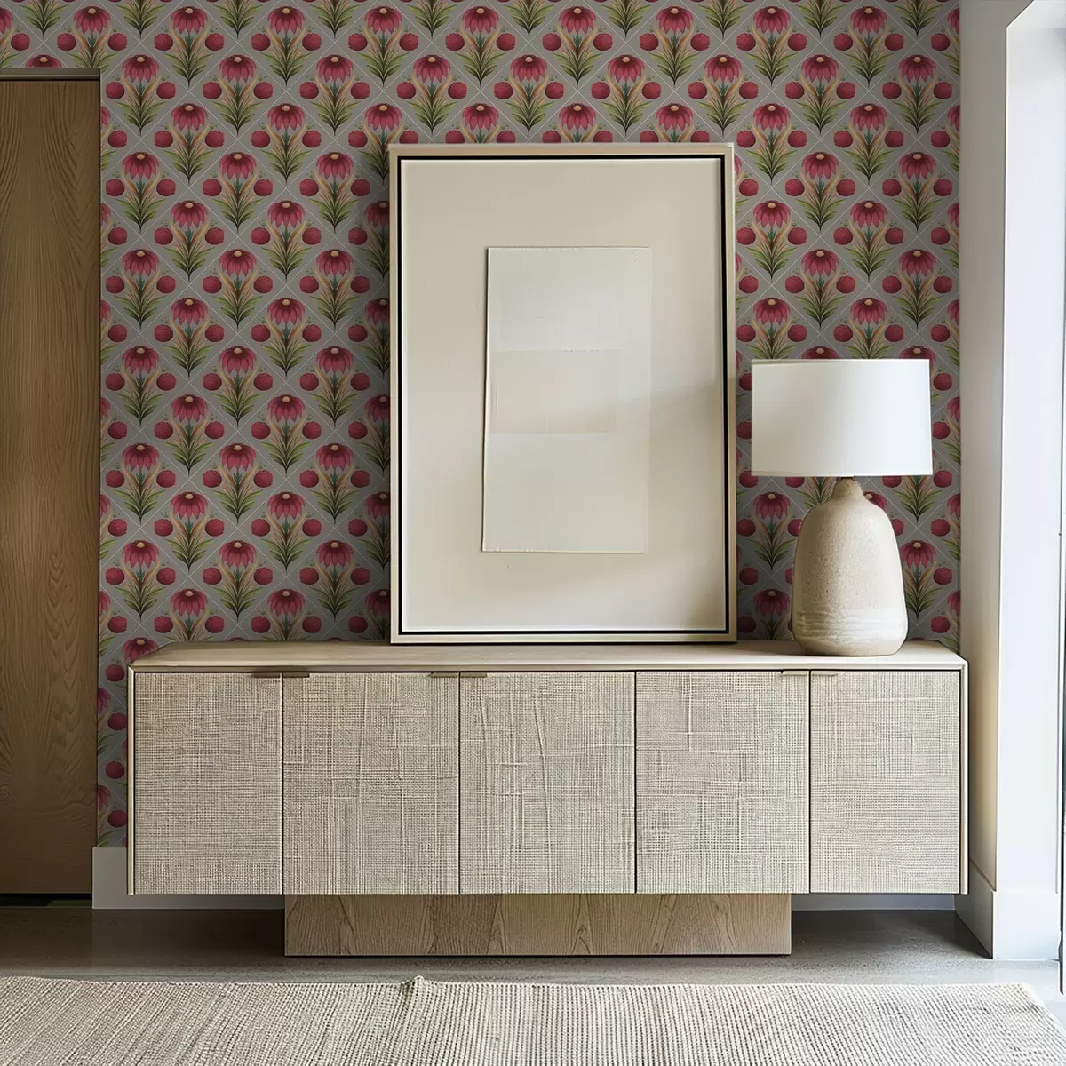 Тапети Симетричен флорален орнамент на сив фон с диагонали a00869