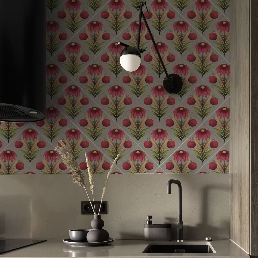 Фототапет Симетричен флорален орнамент на сив фон с диагонали a00869