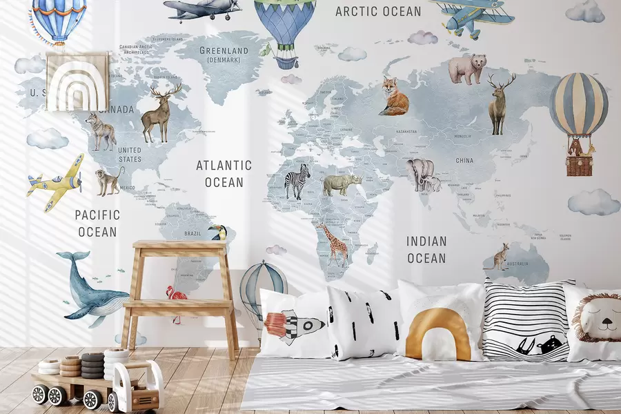 Фототапет Детска карта в акварелен стил с животни и горещи въздушни балони. На английски език. Синьо цвят. c00001env1