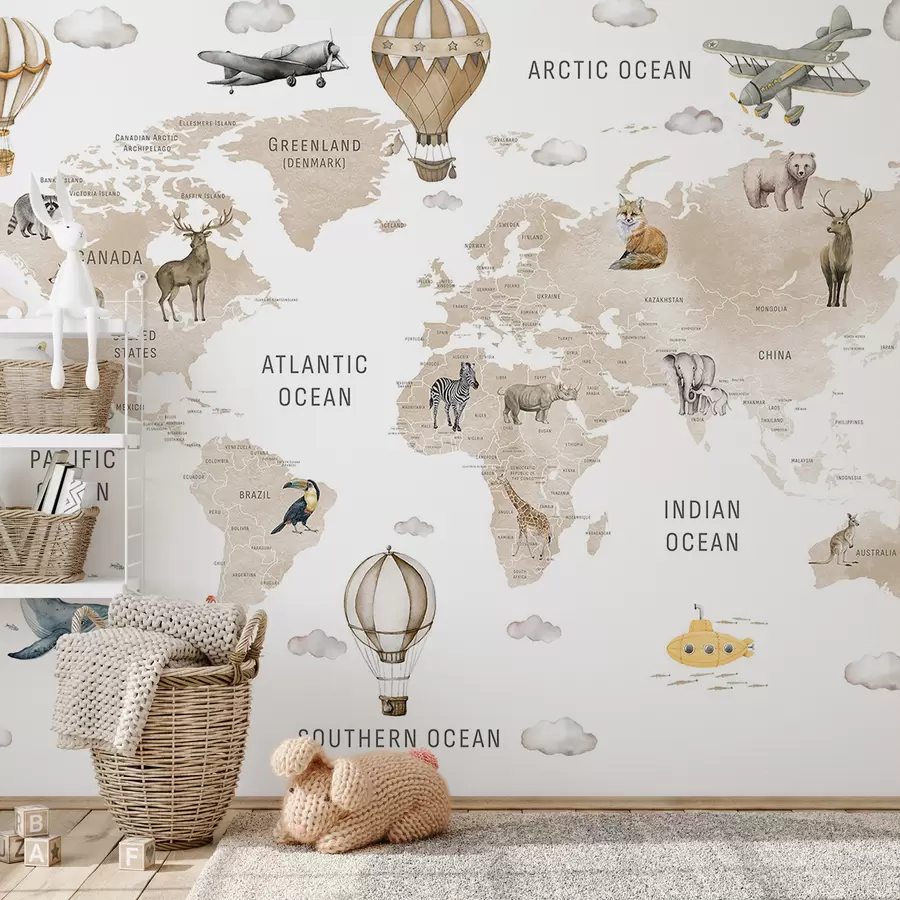 Фототапет Детска карта в акварелен стил с животни и балони с горещ въздух. На английски език. Бежов цвят c00001env2