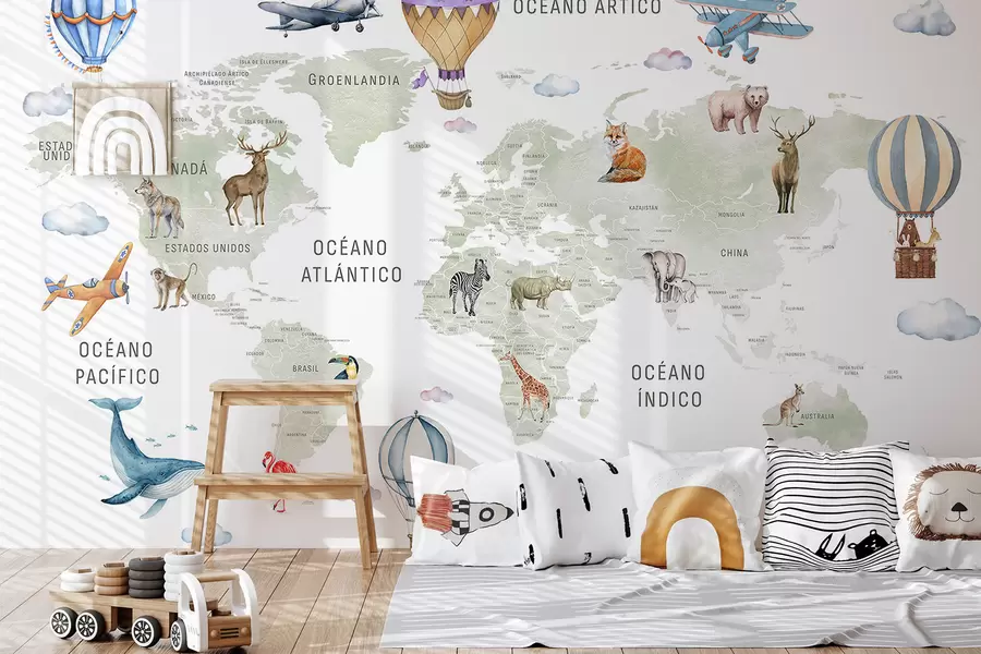 Фототапет Детска карта в акварелен стил с животни и балони с горещ въздух. Испански език. Зелен цвят. c00001es