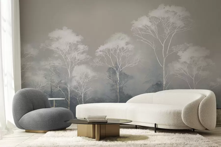 Фототапет Минималистични дървета в синьо-сива палитра, в мъгла w09448