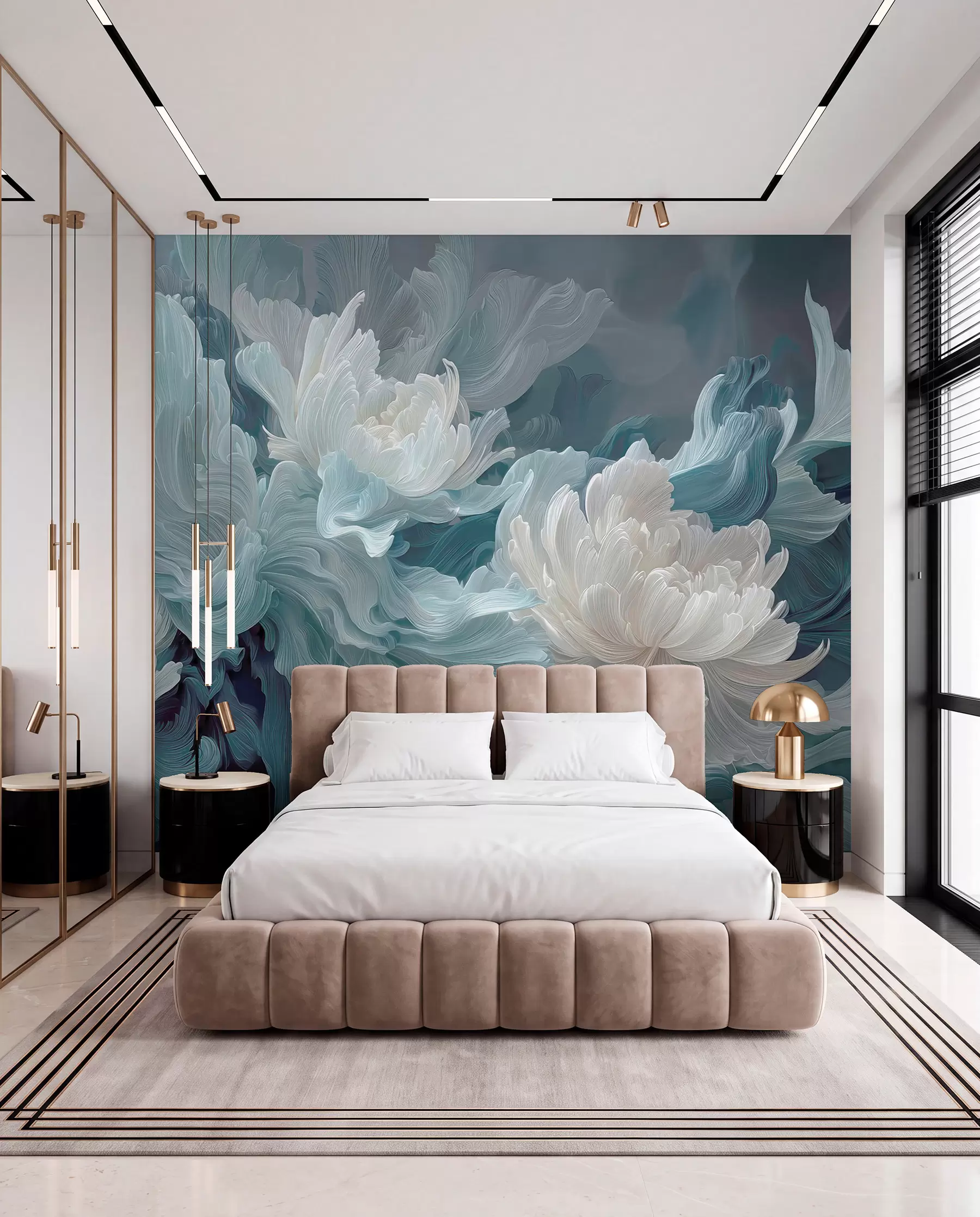 Фототапет Абстрактни цветя в сини и тюркоазени нюанси w09452
