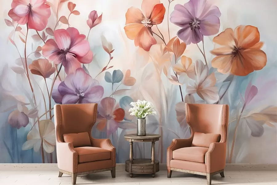 Фототапет Текстурирана цветярна аранжировка с розови, лилави и оранжеви цветя със зелени стъбла и листа, меки пастелни цветове w09486