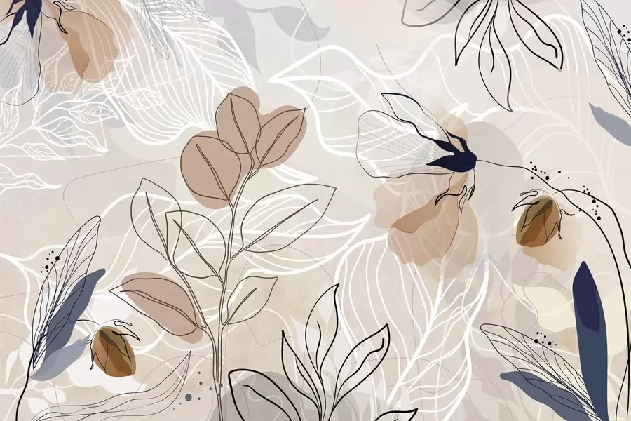 Фототапет Бежов абстрактен фон с листа и цветя, модерни, минималистични, органични форми, ботанически принт  w09487
