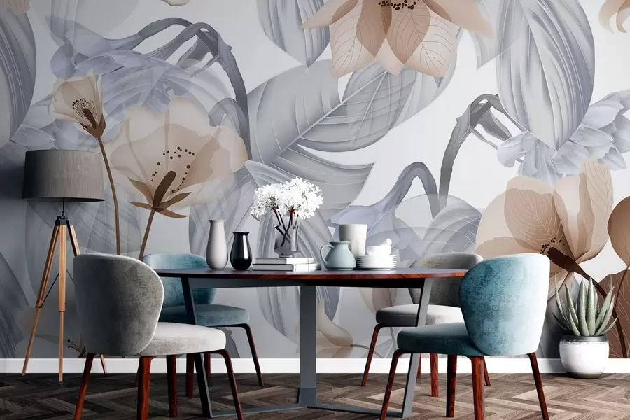 Фототапет Кафяви цветя и сиви листа, ботаничен фон с цветя, елегантен дизайн, меки цветове, леки и деликатни детайли w09497v1