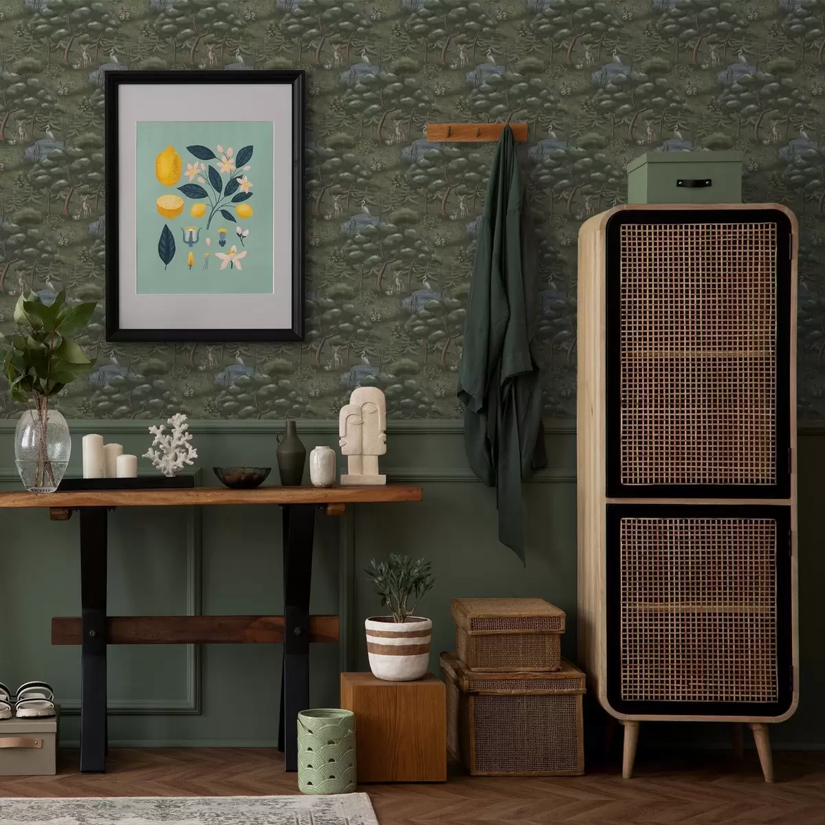 Тапети Гориста поляна с еленчета, зайци и чапли a00680