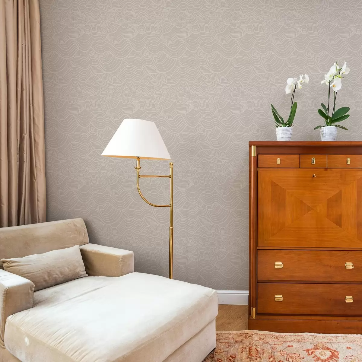 Тапети Тон в тон вълнообразни линии върху топло бежово a00681v1