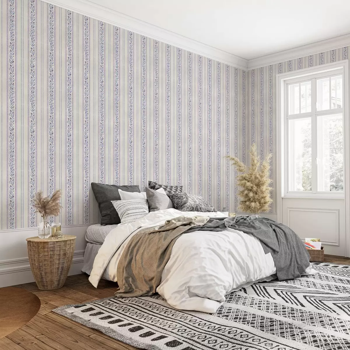 Тапети Вертикални ивици с лавандулови гирлянди, бежов фон a00813v1