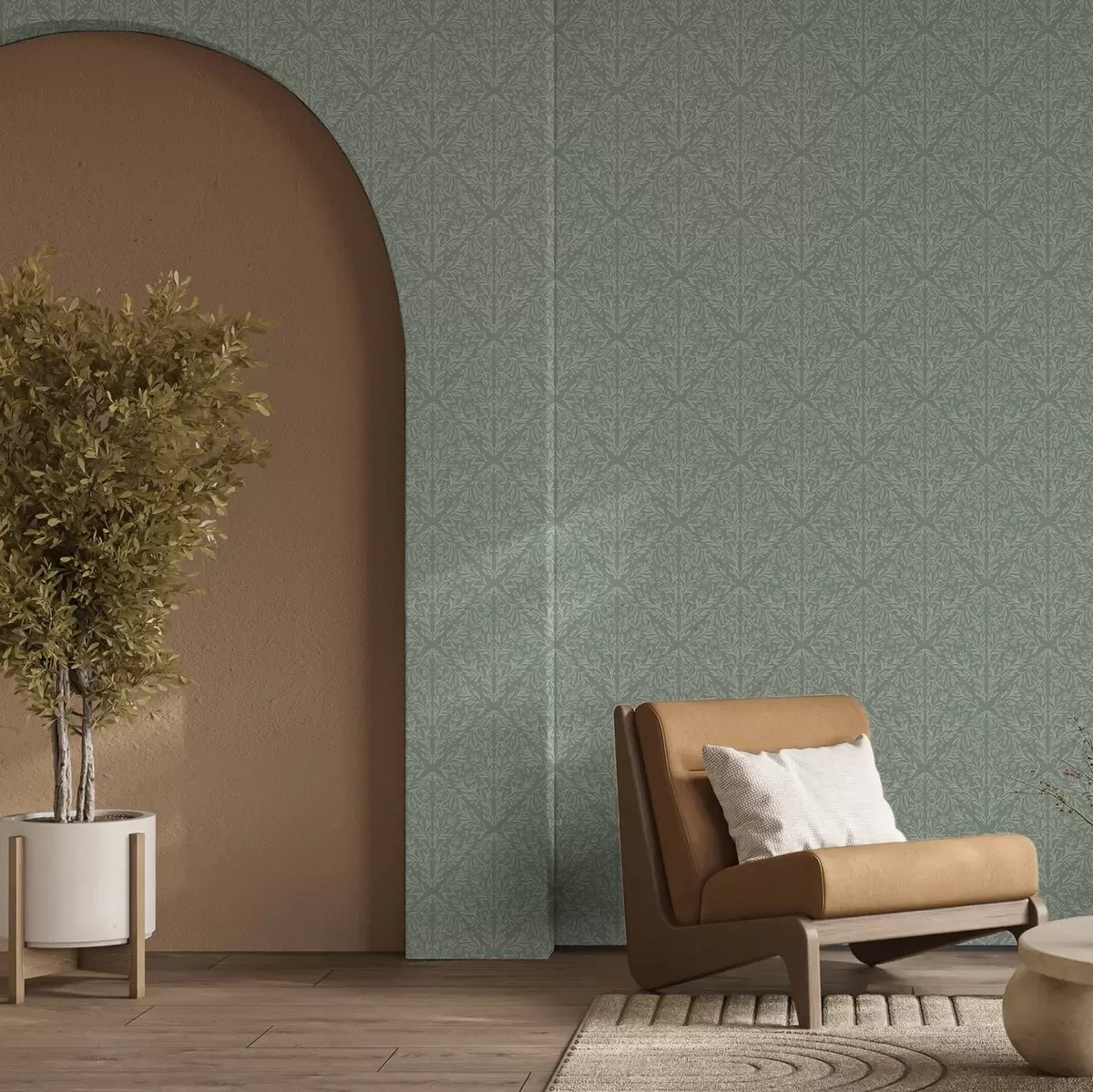 Тапети Ботаничен дамаск на ментово-маслинено фоново a00815